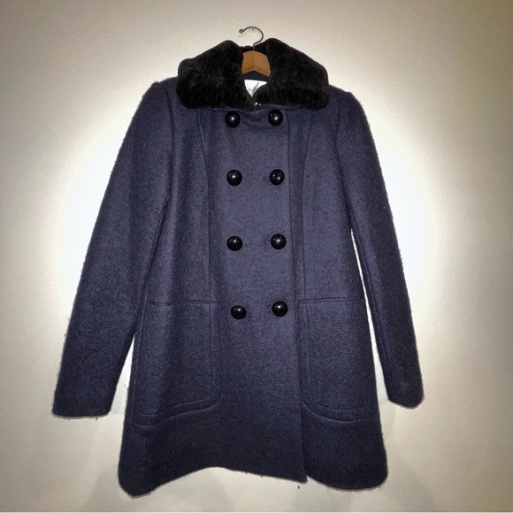 Zara navy blue double breasted peacoat detachable faux fur collar medium - Picture 2 of 9